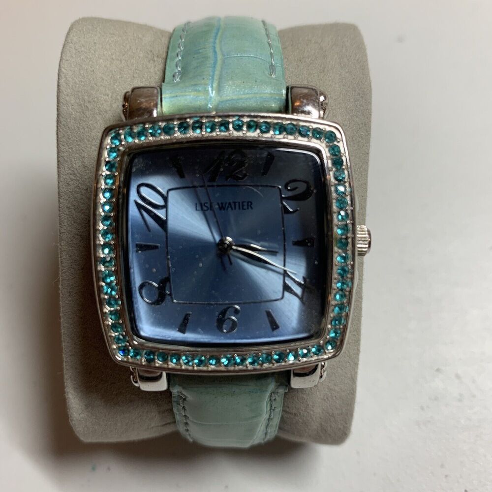 Lisa Watier Blue Dial Women's Wrist Watch with Rhinestone Crystals Leather Band